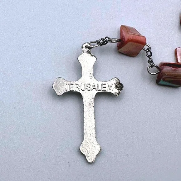 Vintage Rosary Mother of Pearl Style Beads Silver Tone Cross Made in Jerusalem - Picture 6 of 6